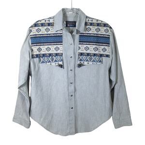 Vintage Panhandle Slim Southwestern Print Button Front Top Women's Blue